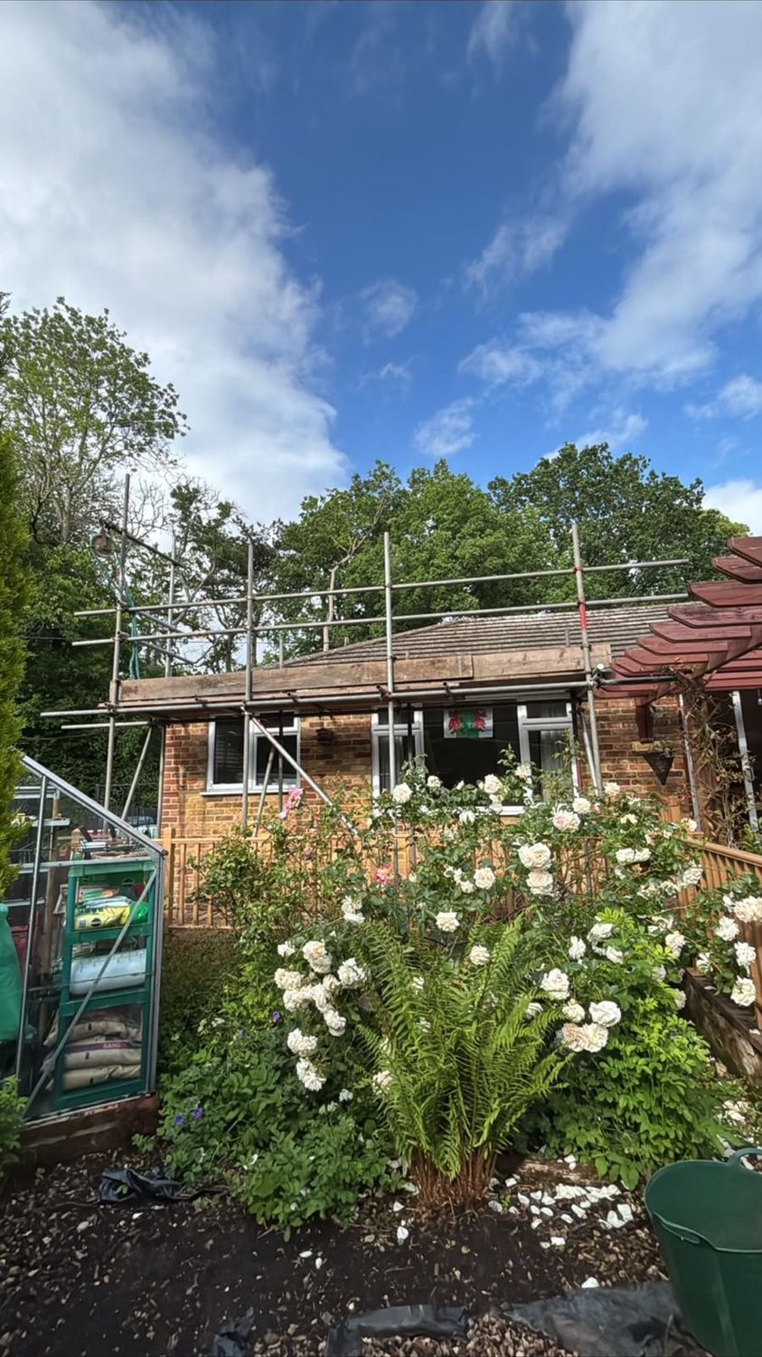 Garden-side scaffold on a bungalow